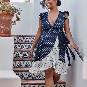 SUMMERSALT The Beach to Brunch Wrap Dress Square Dot in‎ Deep Sea & White Sand M